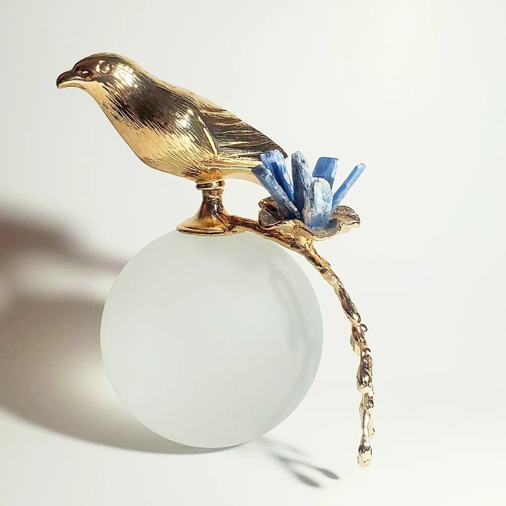 Modern Minimalist Art Glass Sculpture with Gold Tone Bird  & Quartz Gemstones